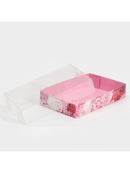 Цена за 5 шт. Кондитерская упаковка, коробка для макарун с PVC крышкой, Live Love Laugh, 18 х 12 х 3.5 см