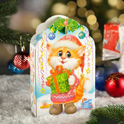 Цена за 5 шт. Подарочная новогодняя коробка "Заяц - Кот" белый, 16.8×7×25 см