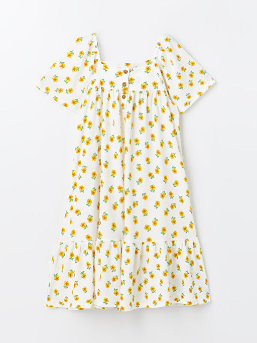 Kare Yaka ?i?ekli K?sa Kollu K?z ?ocuk Elbise