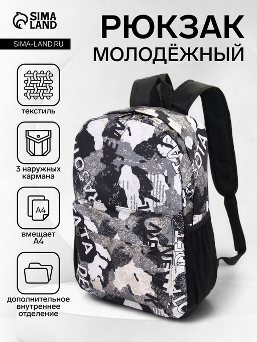 Рюкзак школьный на молнии, с карманами, с принтом, размер 30?13?42 см, голубой/серый