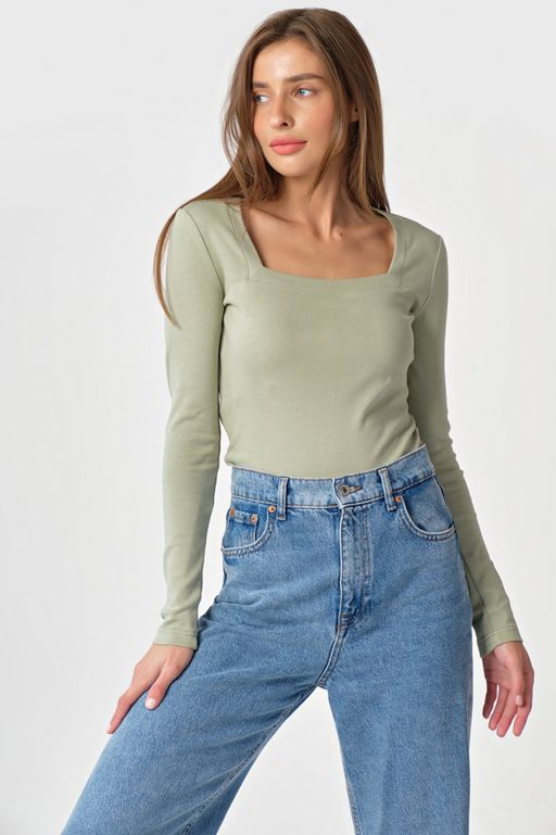 Лонгслив трикотажный с квадратным вырезом из хлопка хаки - Fly фото 23