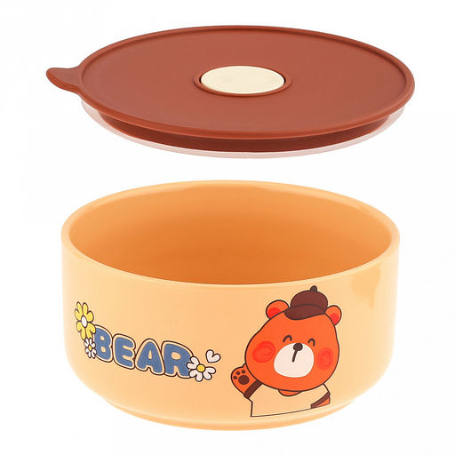Три медведя Салатник-контейнер фарфоровый, набор 3 штуки: 300мл, д9,3х6,8см; 580мл, д12,6х7,1см; 820мл д14,9х7,3см, цветной, цвет - карамельный, пластмассовая крышка, герметичная, с пароотводом, в подарочной коробке (Китай) - Домашняя мода фото 4