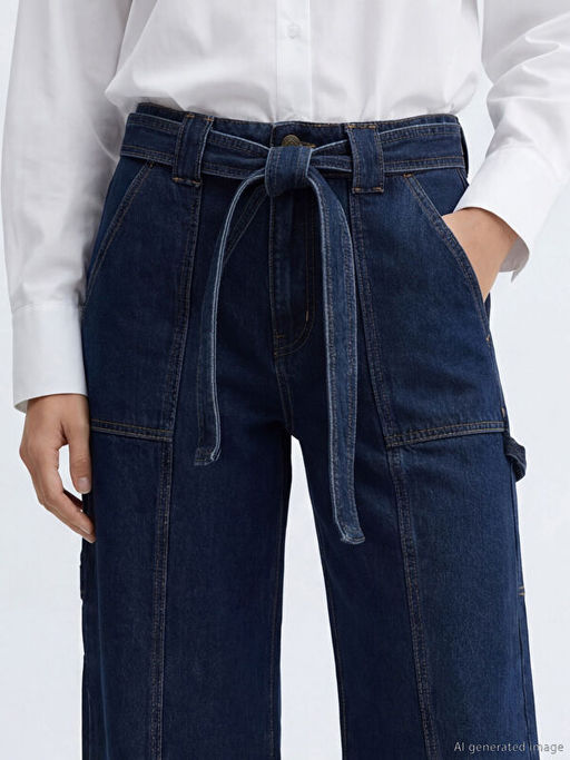 Beli Kemerli Wideleg Kad?n Jean Pantolon