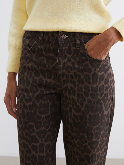 Straight Fit Leopar Desenli Kad?n Jean Pantolon