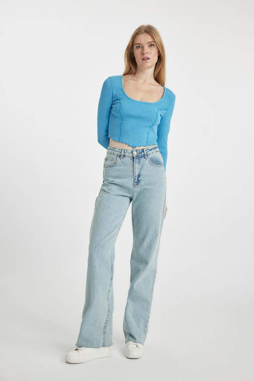 Крутая приталенная футболка в рубчик с длинными рукавами - Defacto фото 5