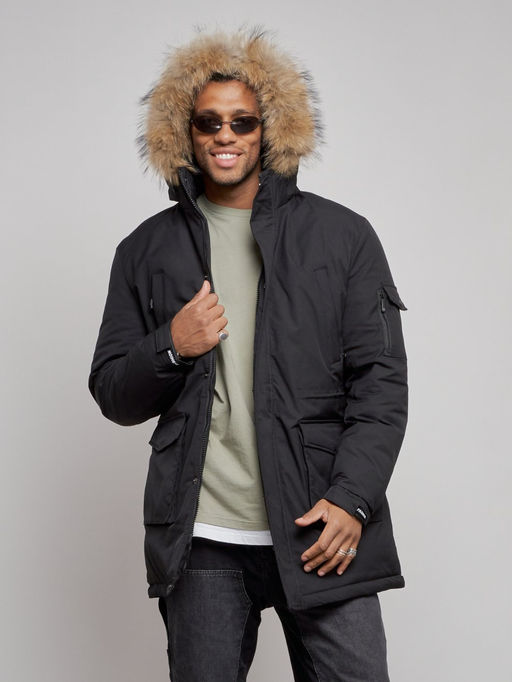 Парка мужская зимняя удлиненная с мехом черного цвета 8318Ch - Wonderrman фото 7