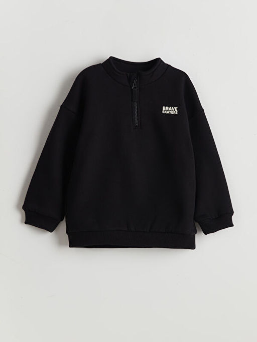 Dik Yaka Bask?l? Erkek ?ocuk Kal?n Sweatshirt