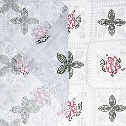 "LACE" Скатерть ажурная ПВХ "Фелиция" 160х137см, длина стола до 120см, на 4 персоны, белый фон, цветное тиснение, матовая, на пленке, т.м. Домашняя мода (Китай)