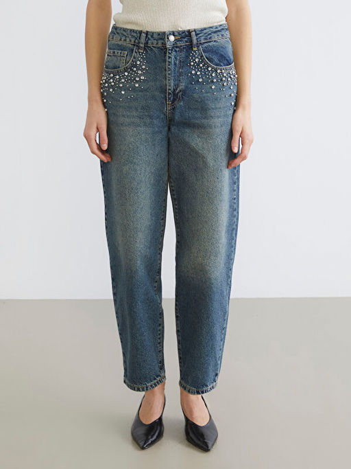 Barrel Fit Ta?l? Kad?n Jean Pantolon