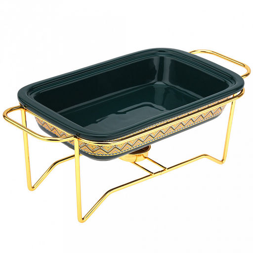 "Мармит Изумруд" Форма для запекания 750мл, прямоугольная, 25,5х15,5см h4,8см, керамика с деколью, цвет - изумрудный, стеклянная крышка с пароотводом, пластмассовая ручка-кнопка "мишка", металическая подставка с ручками, с подогревом на 1 свечу 32,8х