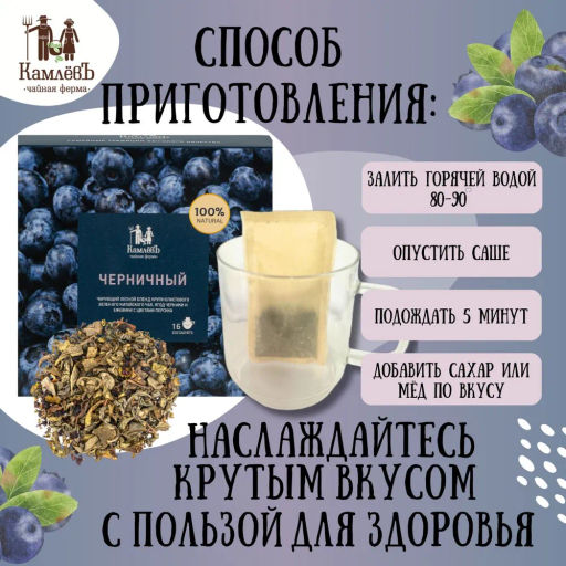 Камлёвъ Фруктовый зеленый листовой чай "Черничный", 48 г (16 саше)
