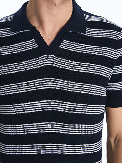 Polo Yaka ?izgili Erkek Dokulu Triko Kazak