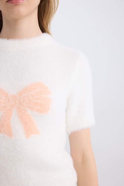 Женский крутой свитер стандартной посадки с лентой и бантом, детальный круглый вырез, короткий рукав, плюшевый трикотаж из пряжи, свитер - Defacto фото 4