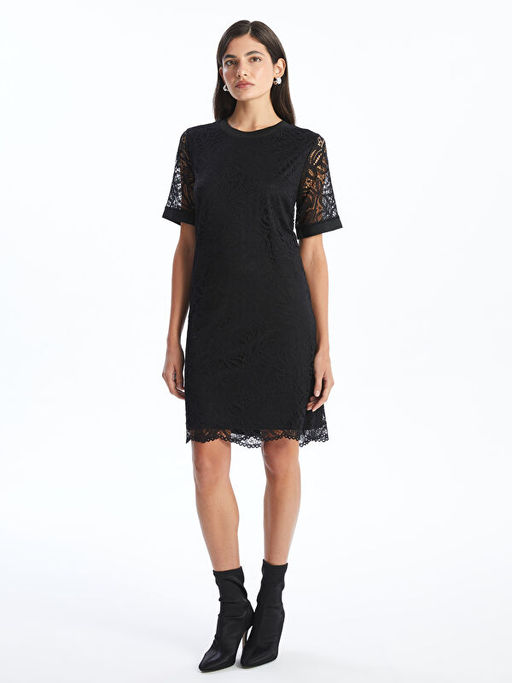 Bisiklet Yaka Dantelli Elbise