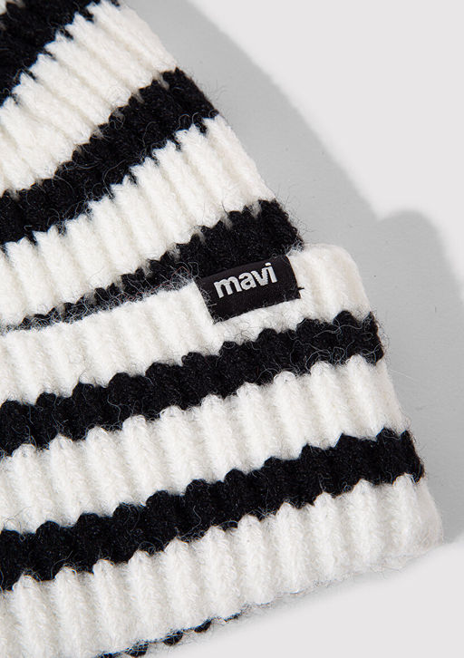 Cizgili Beyaz Bere - Mavi фото 3