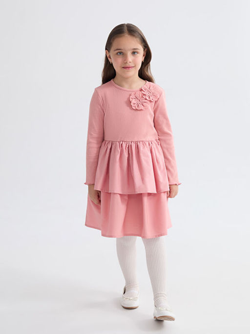 Bisiklet Yaka ?i?ekli K?z ?ocuk Elbise