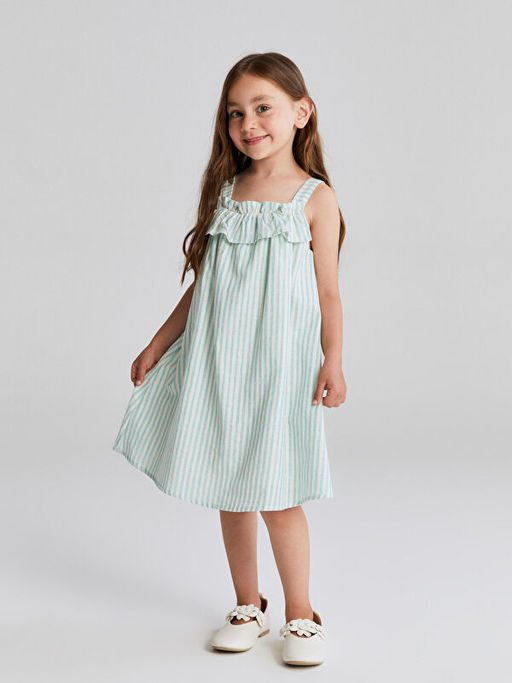 Kare Yaka ?izgili K?z ?ocuk Elbise