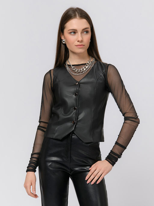 Жилет черного цвета из искусственной кожи на пуговицах - 1001dress фото 2