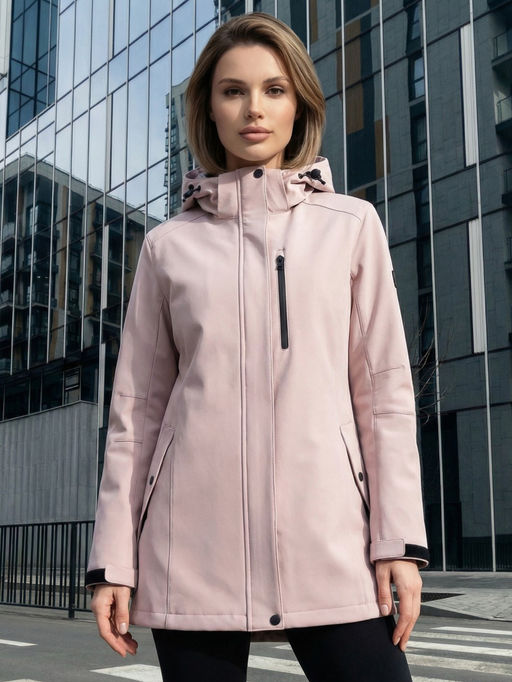Парка женская софтшелл виндстоппер удлинённая с капюшоном розового цвета 9618_1R