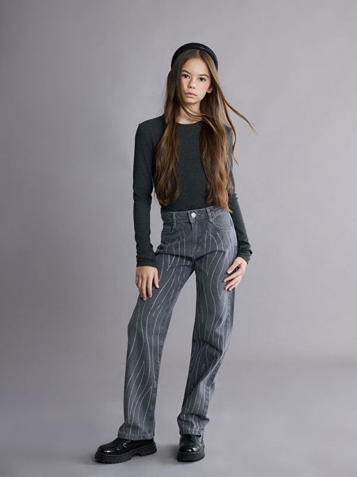 Straight Fit Ta?l? K?z ?ocuk Jean Pantolon