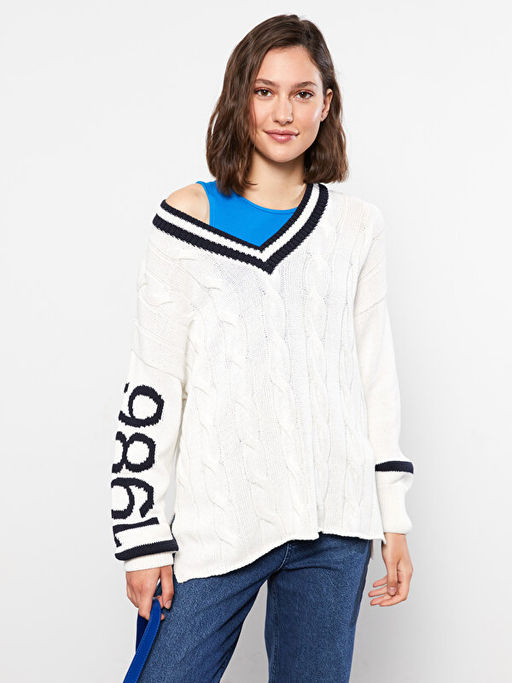 V Yaka Kendinden Desenli Uzun Kollu Kad?n Triko Kazak