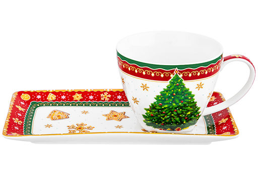 Чашка 250 мл с блюдцем для десерта 20*10*2 см Новогодняя елка красный узор NEW BONE CHINA - Elan gallery фото 18