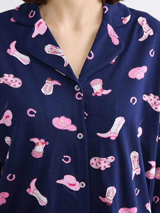 G?mlek Yaka Bask?l? Kad?n Pijama Tak?m