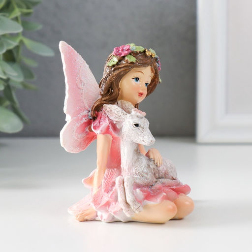 Фигурка полистоун Девочка-бабочка с козликом, розовые крылья, 8.5?6?9 см