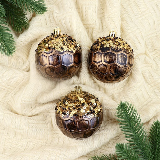 Ёлочные игрушки Сказочные узоры снежинки, шары новогодние, d=8 см, набор 3 шт., золотисто-коричневый - Зимнее волшебство фото 2