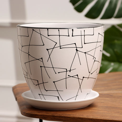 Горшок для цветов «Иллюзия», керамический, с поддоном, 5 л, белый с геометрическим орнаментом