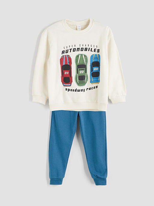 Bisiklet Yaka Bask?l? Erkek ?ocuk Sweatshirt ve E?ofman Alt 2li