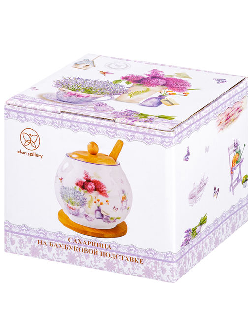Сахарница 620 мл 11*11*12 см Лаванда + ложка + дер. крышка на дер. подставке NEW BONE CHINA - Elan gallery фото 27