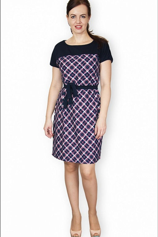 Платье с поясом интерлок - пенье, клетка розовый (317-2) - Плиона фото 2