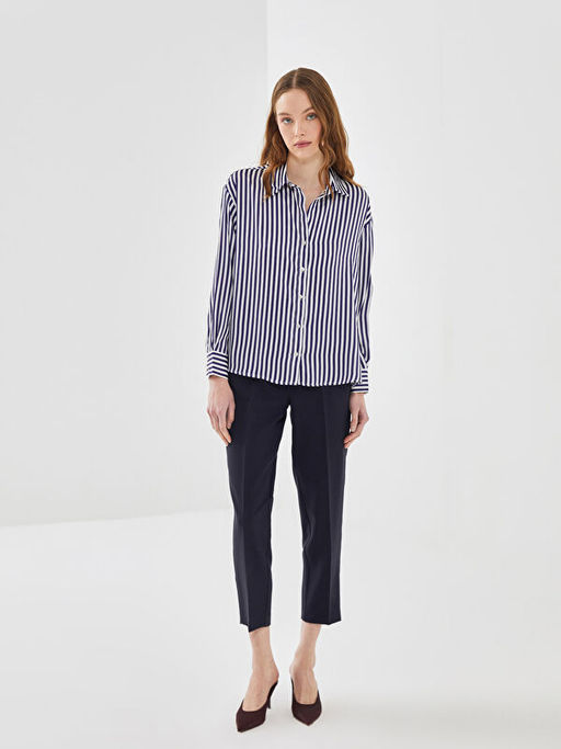 ?izgili Uzun Kollu Oversize Saten Kad?n G?mlek