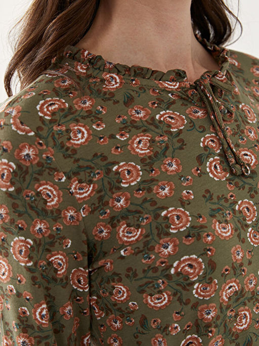 Ba?lamal? Yaka Desenli Uzun Kollu Kad?n Bluz