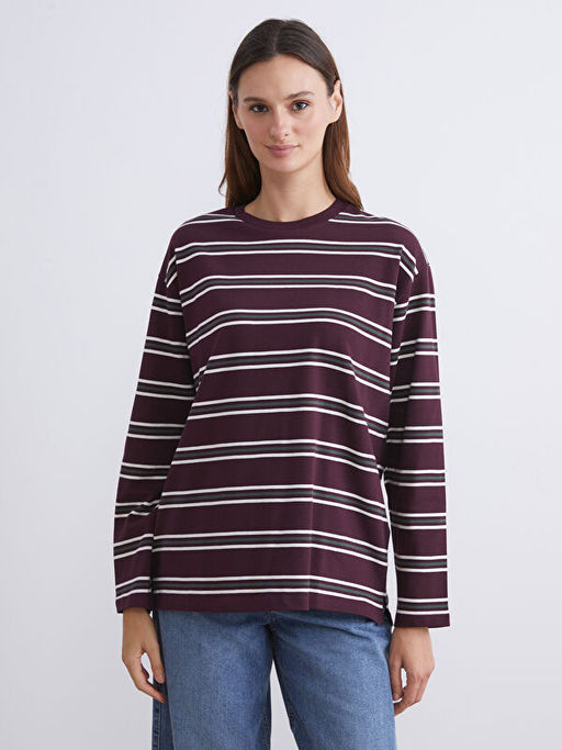 Bisiklet Yaka ?izgili Oversize Kad?n Ti??rt