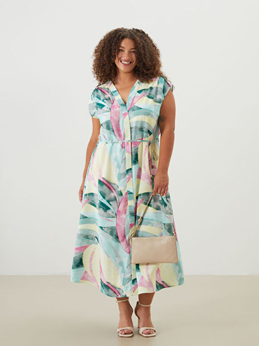 V Yaka ?i?ekli Ku?akl? G?mlek Elbise