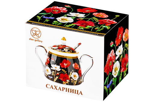 Сахарница 450 мл 15*10*11,5 см "Маки на черном" + ложка NEW BONE CHINA