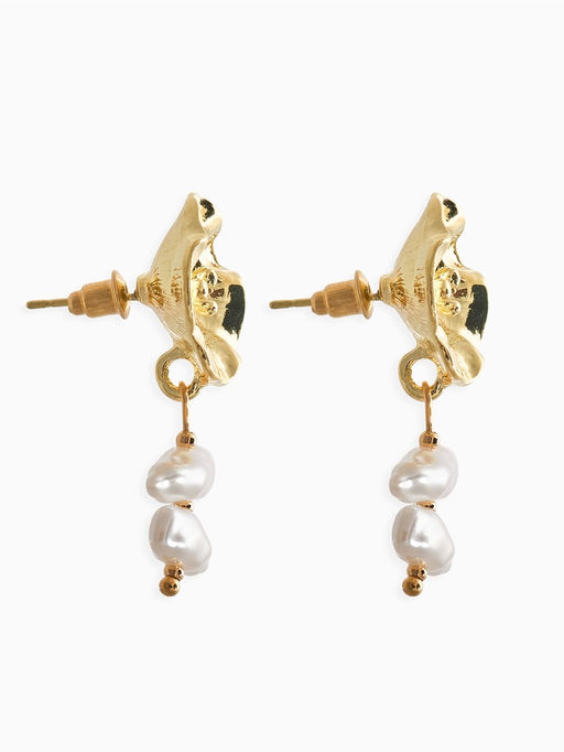 Серьги жемчуг Цветы кувшинки, белые в золоте