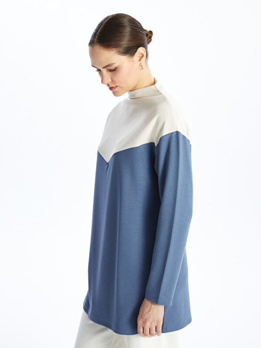 Dik Yaka Renk Bloklu Oversize Kad?n Tunik