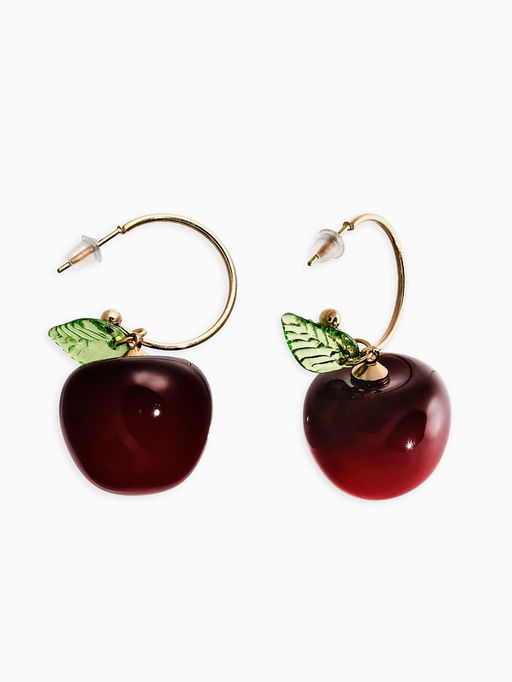 Серьги-кольца «Черешня с листочком», бордовые в золоте