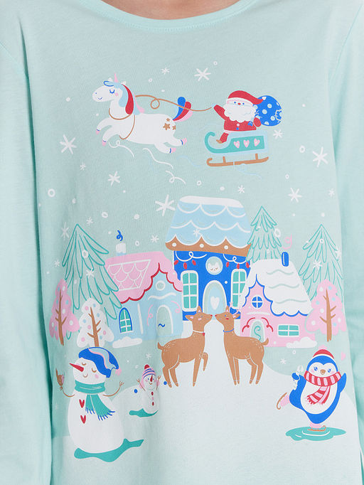 Комплект для девочек (джемпер, брюки) новогодний голубой с белыми снежинками - Mark formelle фото 6