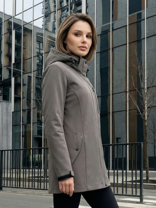 Парка женская софтшелл виндстоппер удлинённая с капюшоном темно-серого цвета 9618_1TC