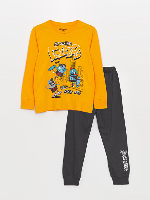 Bisiklet Yaka Bask?l? Uzun Kollu Erkek ?ocuk Pijama Tak?m?