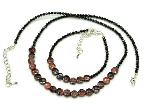 Колье и браслет из бычьего глаза круг граненый 6мм с цирконом, 48см, 17см