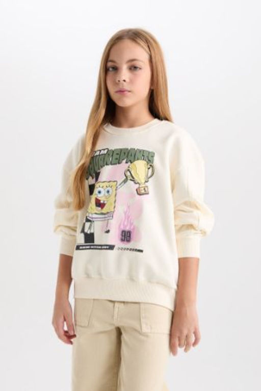 K?z Cocuk SpongeBob Relax Fit Bisiklet Yaka 3D Sweatshirt