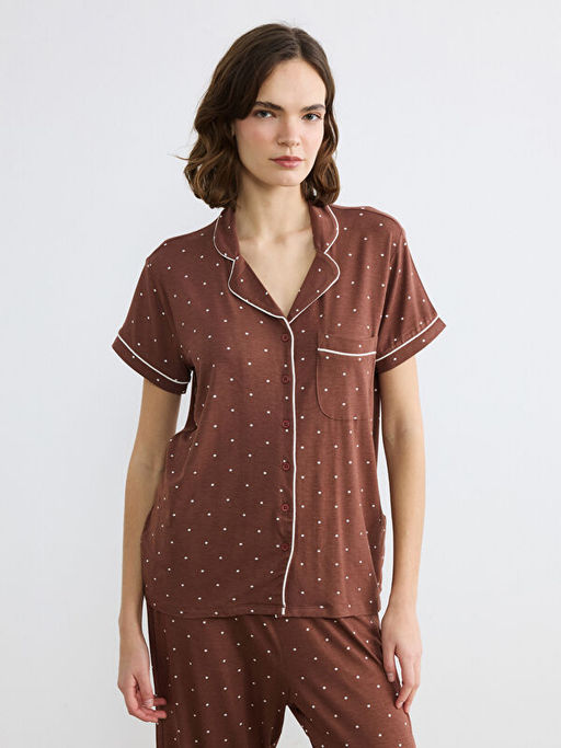 G?mlek Yaka Puantiyeli Kad?n Pijama Tak?m?