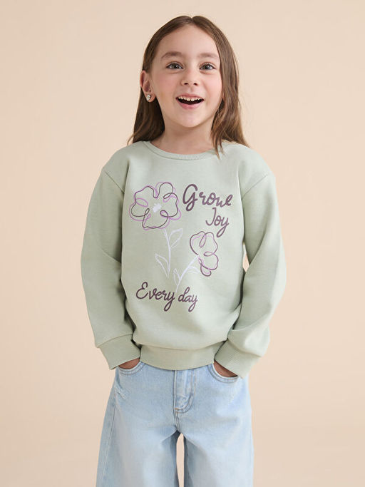 Bisiklet Yaka Bask?l? K?z ?ocuk Kal?n Sweatshirt