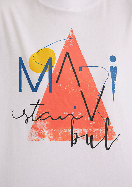 Ucgen Bask?l? Beyaz Istanbul Tisort - Mavi фото 7