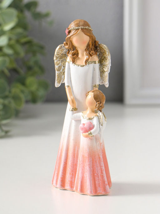 Сувенир полистоун "Девушка-ангел в светло-розовом платье и малышка с сердцем" 14,5 см
